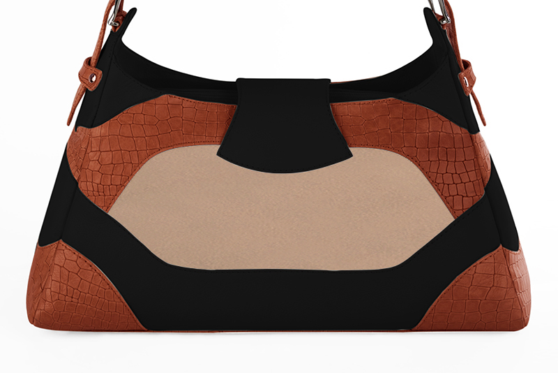 Matt black, biscuit beige and terracotta orange women's dress handbag, matching pumps and belts. Rear view - Florence KOOIJMAN